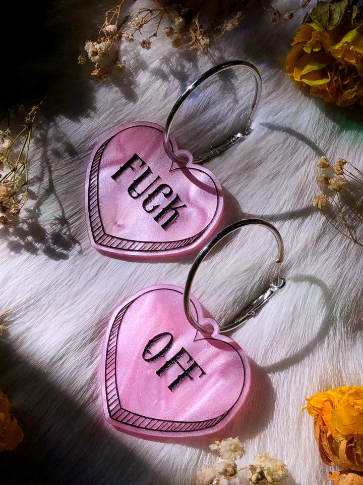 "Fuck Off" Heart Hoop Earrings