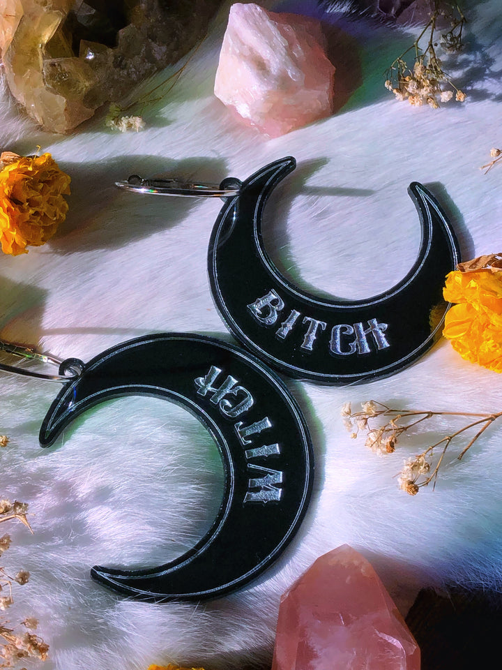"Witch Bitch" Crescent Moon Hoop Earrings