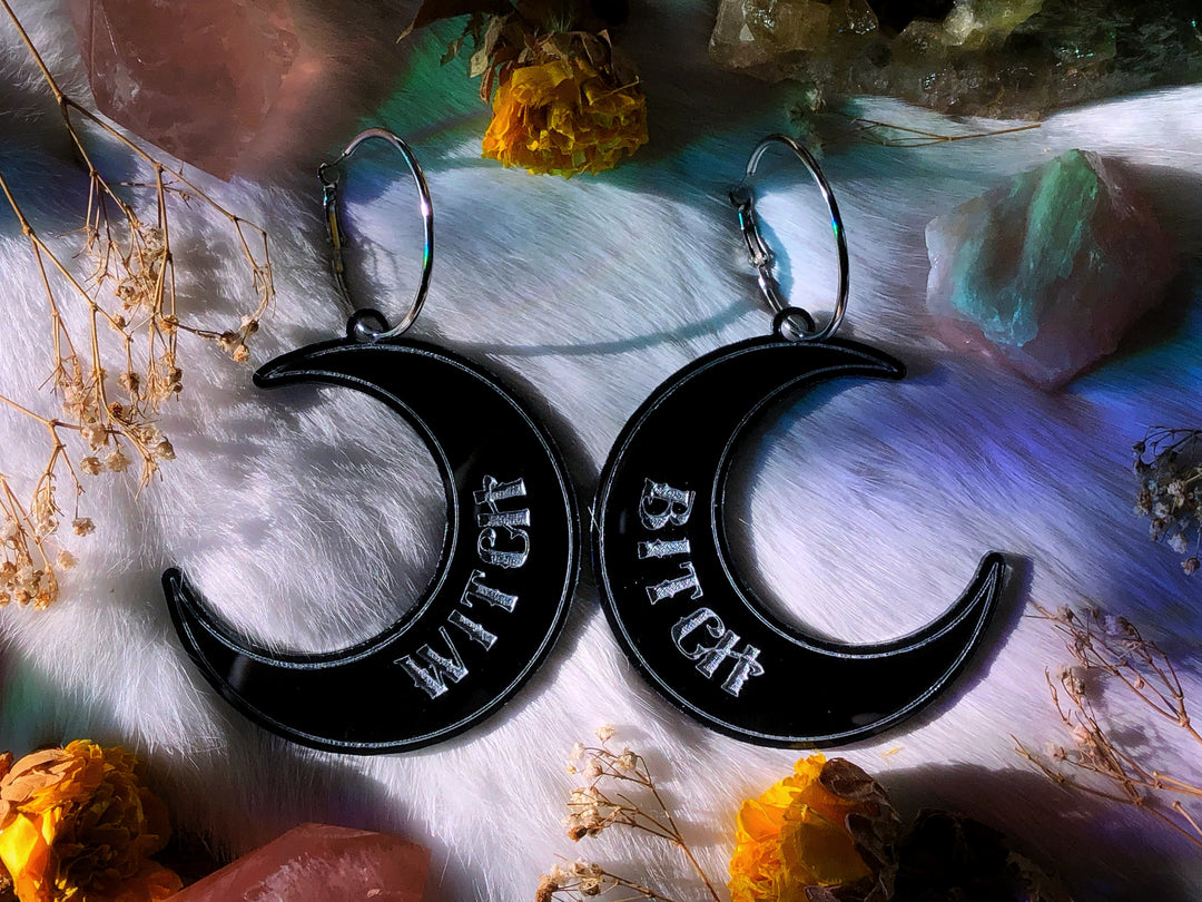 "Witch Bitch" Crescent Moon Hoop Earrings